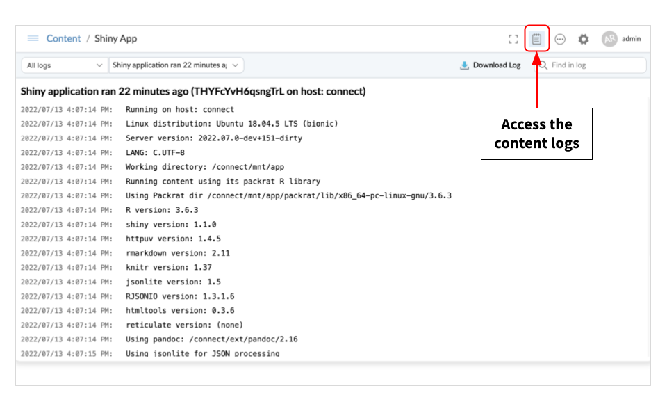 Content Logs Viewer in Posit Connect dashboard.